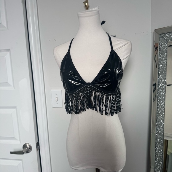 Black faux latex Fringe Halter Top festival whimsigoth punk XL - Picture 2 of 5